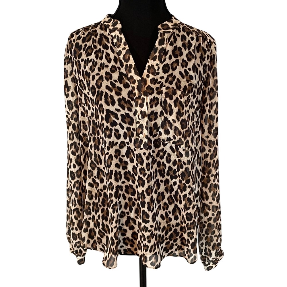 Vince Camuto Womens Leopard Print Long Sleeve Split V-Neck Blouse Brown XS Bold